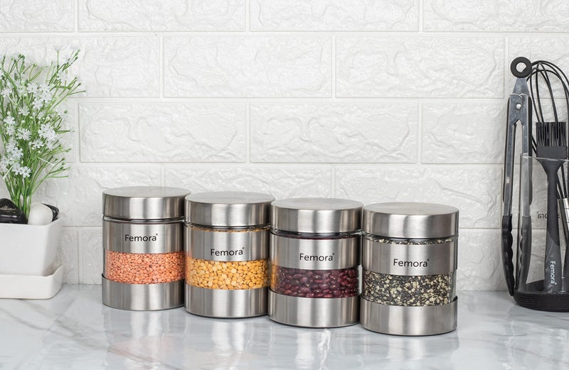 Femora Airtight Glass Jars 700ml Set of 4 | Silver Stainless Steel Lid | BPA Free & Food Grade | Rust Free | 1 Year Lid Warranty | Kitchen Storage for Snacks, Masala, Spice, Pickle, Cookies - Image 1