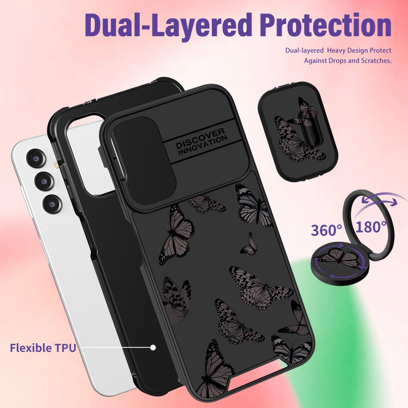 Funermei for Samsung Galaxy A16/A17 5G Phone Case - Women Girls Cute Phone Cover Girly Pretty Aesthetic Black Butterfly Unique Design with Camera Cover Ring Stand Funda for Galaxy A16/A17 5G Case - Image 5