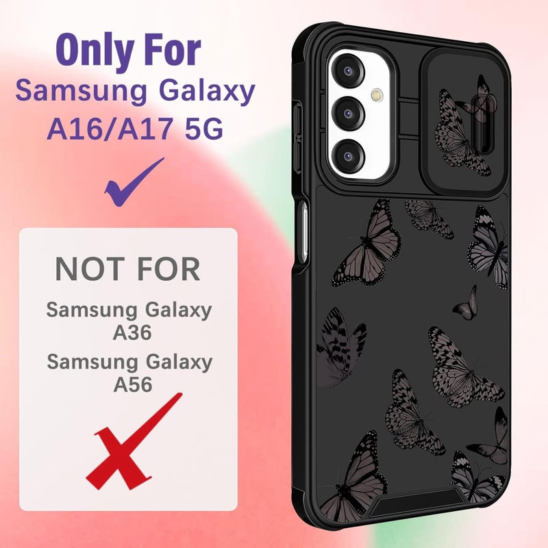 Funermei for Samsung Galaxy A16/A17 5G Phone Case - Women Girls Cute Phone Cover Girly Pretty Aesthetic Black Butterfly Unique Design with Camera Cover Ring Stand Funda for Galaxy A16/A17 5G Case - Image 2