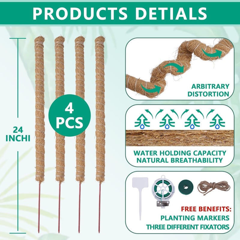 AlisisFores 4 Pcs Bendable Moss Pole for Monstera Plant Supportï¼Œ24 Inch Handmade Coir Pole Stick for Climbing Plants Indoor Plant Stakes for Potted Plants to Grow Upwards - Image 4
