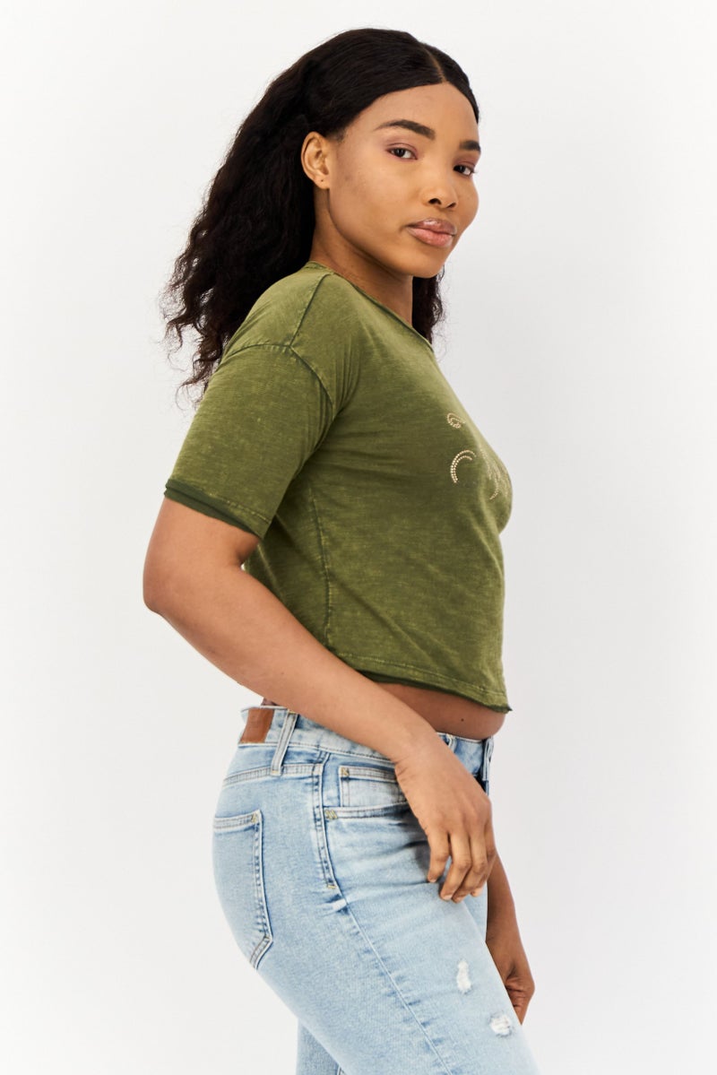 ONLY Women Crew Neck Short Sleeves Textured Print Top, Moss Green - Image 3