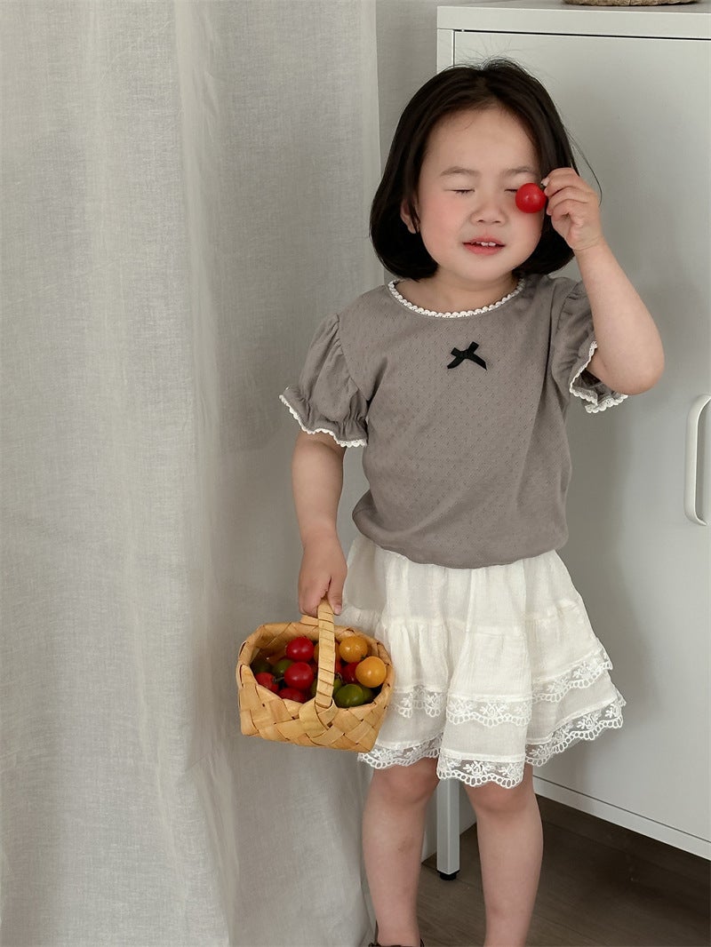 Korean Style Kidsren'S Cut Out Pure Color Bottoming T-Shirt Girls Cotton Sweet Short-Sleeved Baby Girl Summer Thin - Image 1