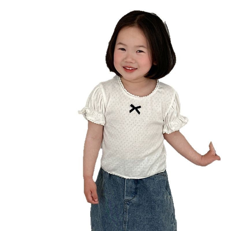 Korean Style Kidsren'S Cut Out Pure Color Bottoming T-Shirt Girls Cotton Sweet Short-Sleeved Baby Girl Summer Thin - Image 4