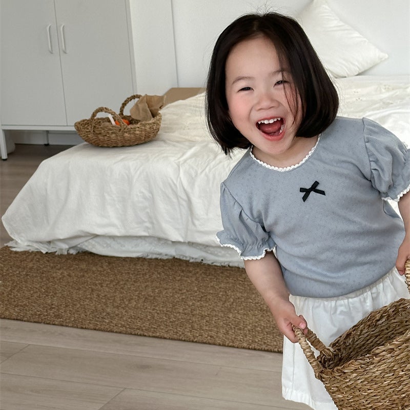 Korean Style Kidsren'S Cut Out Pure Color Bottoming T-Shirt Girls Cotton Sweet Short-Sleeved Baby Girl Summer Thin - Image 3