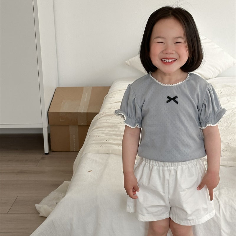Korean Style Kidsren'S Cut Out Pure Color Bottoming T-Shirt Girls Cotton Sweet Short-Sleeved Baby Girl Summer Thin - Image 2