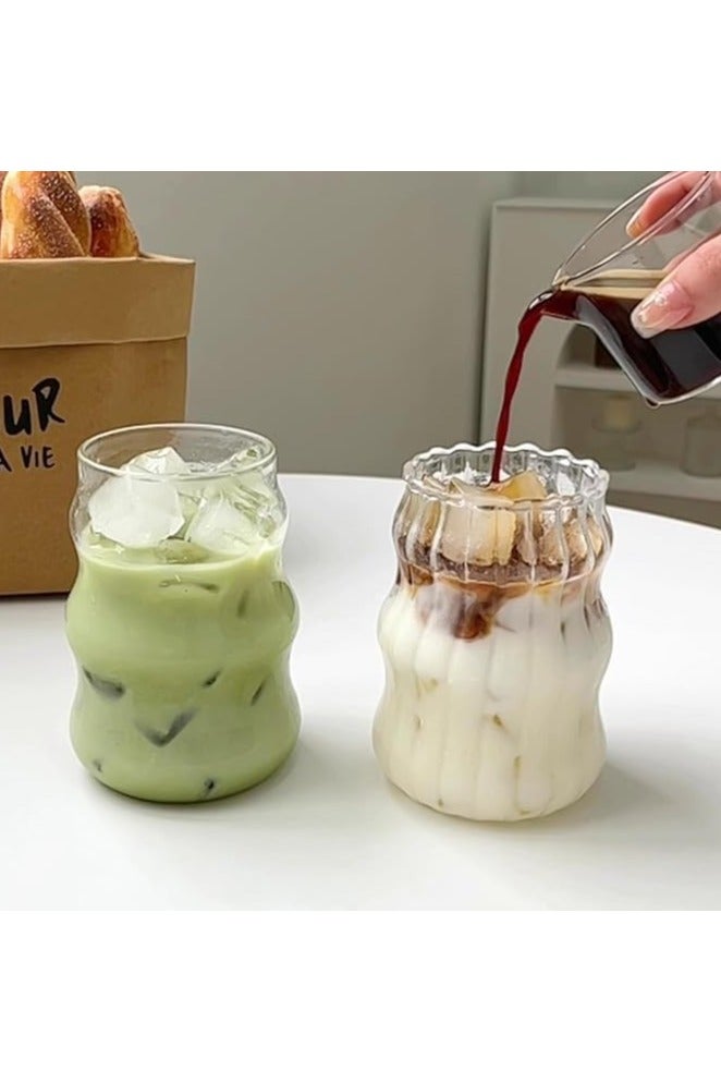 2 كوبًا من كؤوس الزجاج الموجي 18 أونصة كؤوس كوكتيل صافية ذات شكل موجة إبداعي زجاجية شرب أنتقالية للقهوة المبردة العصير المشروبات الحليب - Image 1