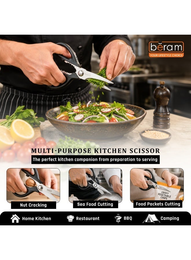 BERAM 9 Inch Kitchen Scissors with Nutcracker Full Black 2CR13 Stainless Steel Blades Ergonomic Heavy Duty Multipurpose Shears for Cooking Food Preparation Office and Household Use - Image 2
