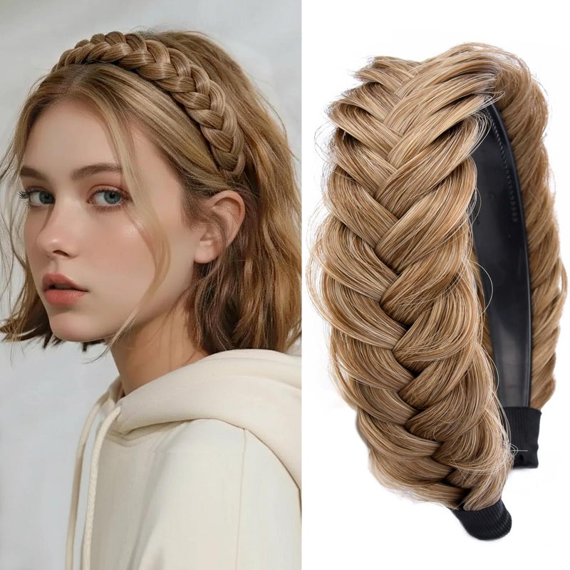 DIGUAN Wide Messy Braided Headband With Teeth Synthetic Hair Plaited Headband High Elasticity Braids Chunky Fishtail Braided Hair Band Hairpiece for Girls Women Beauty Accessory Dirty Blonde - Image 2