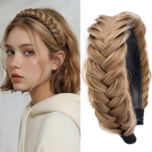 DIGUAN Wide Messy Braided Headband With Teeth Synthetic Hair Plaited Headband High Elasticity Braids Chunky Fishtail Braided Hair Band Hairpiece for Girls Women Beauty Accessory Dirty Blonde - Image 1