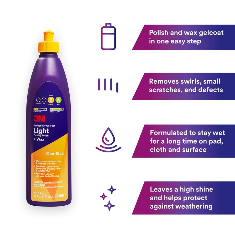 Perfect-It 3M Perfect-It Gelcoat Light Cutting Polish + Wax, 36109, 1 Pint, One-Step Process, Removes Scratches and Swirls, Light Oxidation Remover for Boats and RVs - Image 3
