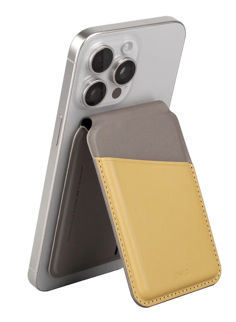 Uniq Magnetic Card Holder with Stand UNIQ Lyden Cyelfgry RFID Magnetic Wallet for iPhone 12/13/14/15 - Canary Yellow / Flint Grey Canary Yellow / Flint Grey - Image 1