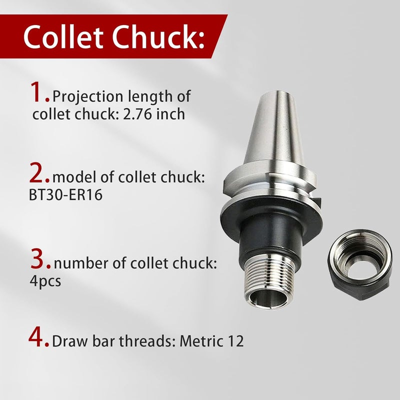 findmall 4 Pcs Collet Chuck Tool Holder BT30 ER16 2.76" W. 70MM Gage Length - Image 2