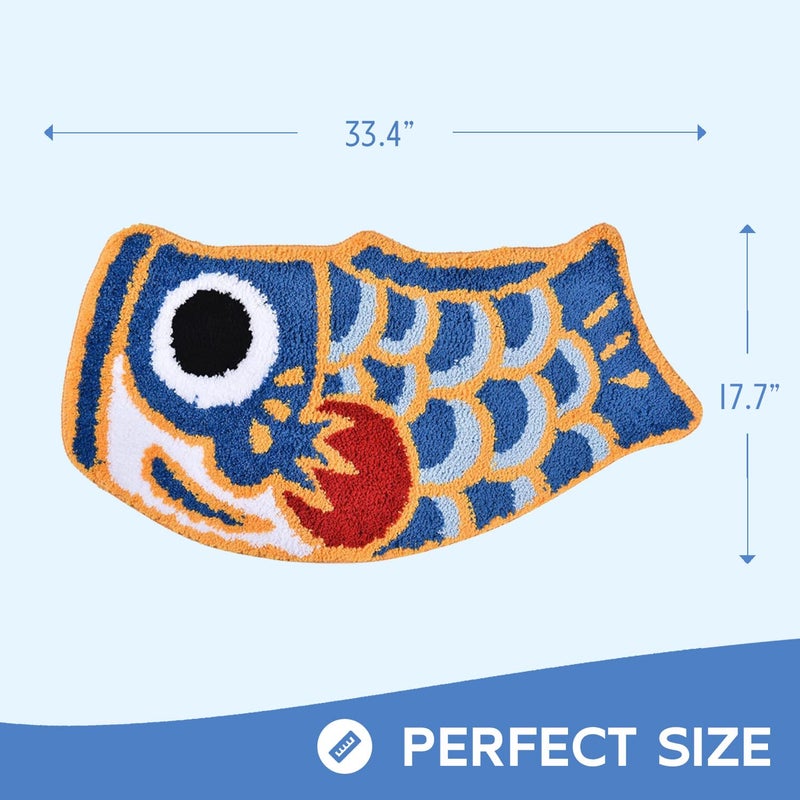 Feblilac Cute Fish Bath Mat For Bathroom  Japanese Koi Flag Soft Water Absorbent  Non-Slip  Machine Washable (Blue) - Image 2
