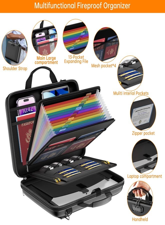 JHSafer Fireproof Document Organizer with Lock,Hard-Shell Case Fireproof Document Box with Shoulder Strap,Portable File Organizer with 13 Pocket Accordion File Folder for Files Laptop Black - Image 5