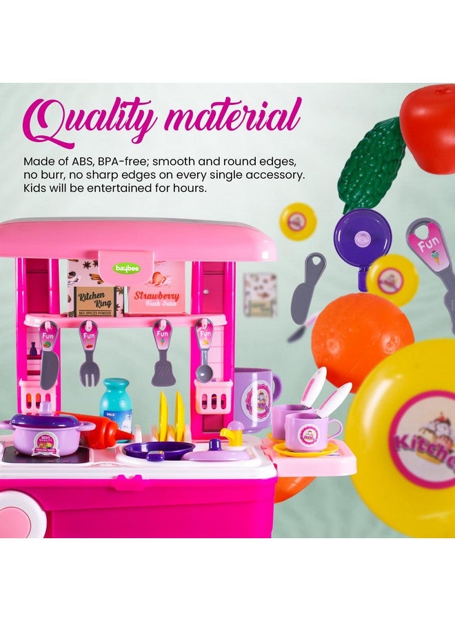 بيبي مجموعة مطبخ بايبي التظاهري للأطفال البنات، مجموعة طهي كبيرة للأطفال الصغار مع أواني وإكسسوارات وألعاب طعام مع عربة محمولة رائعة وإضاءة وصوت، هدية عيد ميلاد للأولاد بعمر سنة فما فوق - Image 4