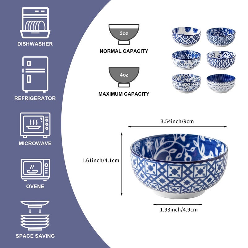 Cerkik Ceramic Dipping Bowls Set - 4 Oz Small Dessert Bowl 3.5 Inch Porcelain Small Bowls for Side Dishes  Snack  Yogurt  Appetizer - Microwave Dishwasher Safe - Set of 6 - Vintage Blue - Image 4