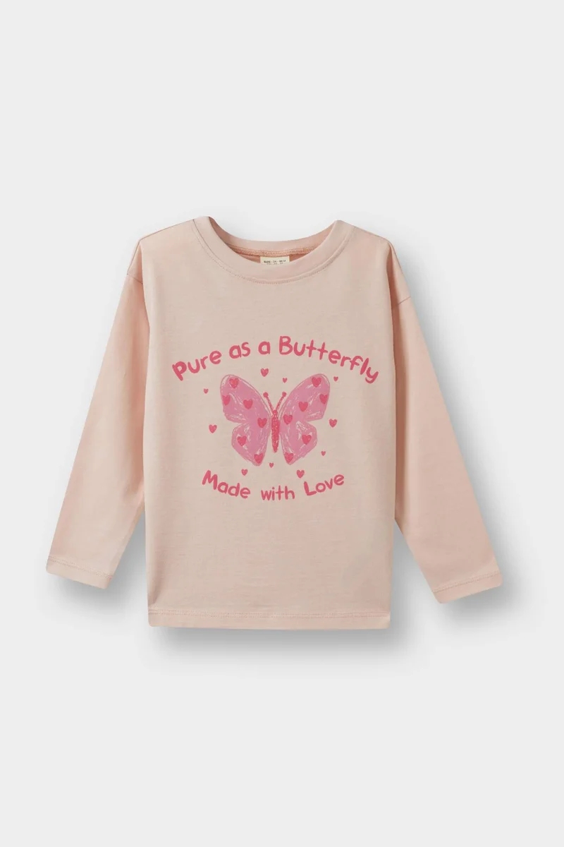 ديفاكتو Girl Crew Neck Butterfly Patterned T-Shirt