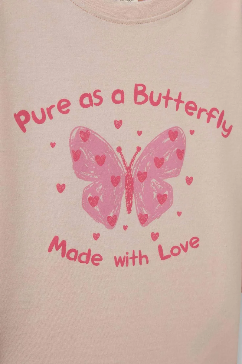 ديفاكتو Girl Crew Neck Butterfly Patterned T-Shirt