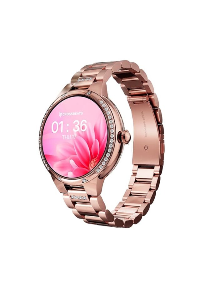 Crossbeats - CrossBeats Diva 1.28” Stylish Smart Watch for Women with Stone Studded Bezel| Amoled Display | Female Health Tracker | 100+Sports Modes| Premium Metal Smartwatch with Wireless Charging - (Rose Gold) - Image 1