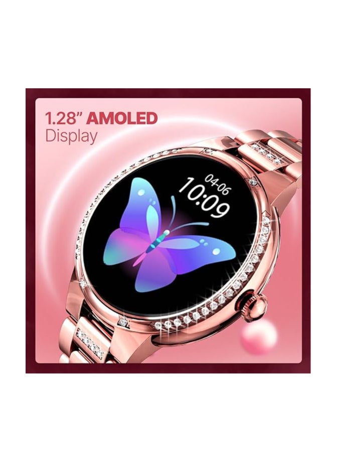 Crossbeats - CrossBeats Diva 1.28” Stylish Smart Watch for Women with Stone Studded Bezel| Amoled Display | Female Health Tracker | 100+Sports Modes| Premium Metal Smartwatch with Wireless Charging - (Rose Gold) - Image 1