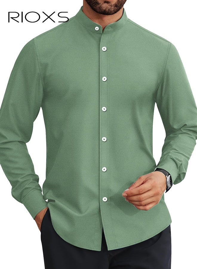 ريوكس قميص ذو ياقة خضراء للرجال، قميص طويل ذو أكمام متعددة خالي من التجاعيد، قميص رسمي للأعمال المكتبية، قميص رقيق يتناسب مع زرار أبيض، ملابس رسمية قابلة للتنفس ورعاية سهلة للرجال، قميص رسمي لكل المواسم متعددة الاستعمالا، قميص رسمي لزفاف الزفاف، ملابس مناسبة للعشاء - Image 1