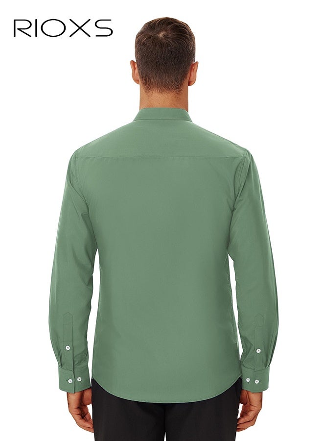 ريوكس قميص ذو ياقة خضراء للرجال، قميص طويل ذو أكمام متعددة خالي من التجاعيد، قميص رسمي للأعمال المكتبية، قميص رقيق يتناسب مع زرار أبيض، ملابس رسمية قابلة للتنفس ورعاية سهلة للرجال، قميص رسمي لكل المواسم متعددة الاستعمالا، قميص رسمي لزفاف الزفاف، ملابس مناسبة للعشاء - Image 2