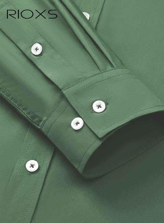 ريوكس قميص ذو ياقة خضراء للرجال، قميص طويل ذو أكمام متعددة خالي من التجاعيد، قميص رسمي للأعمال المكتبية، قميص رقيق يتناسب مع زرار أبيض، ملابس رسمية قابلة للتنفس ورعاية سهلة للرجال، قميص رسمي لكل المواسم متعددة الاستعمالا، قميص رسمي لزفاف الزفاف، ملابس مناسبة للعشاء - Image 3