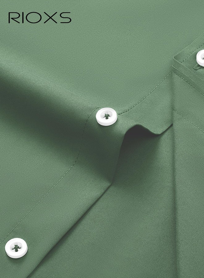 ريوكس قميص ذو ياقة خضراء للرجال، قميص طويل ذو أكمام متعددة خالي من التجاعيد، قميص رسمي للأعمال المكتبية، قميص رقيق يتناسب مع زرار أبيض، ملابس رسمية قابلة للتنفس ورعاية سهلة للرجال، قميص رسمي لكل المواسم متعددة الاستعمالا، قميص رسمي لزفاف الزفاف، ملابس مناسبة للعشاء - Image 4