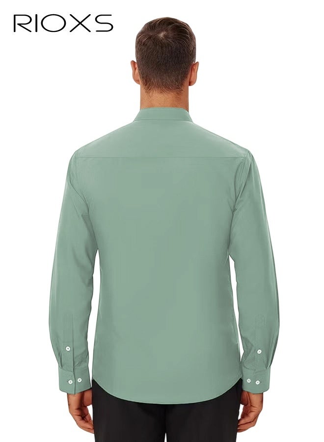 RIOXS Men's Green Stand Collar Dress Shirt, Long Sleeve Wrinkle-Free Polyester Shirt, Business Casual Office Wear, Slim Fit Button Down Shirt with White Buttons, Breathable and Easy Care Formal Wear for Men, All Season Versatile Dress Shirt, Wedding Guest Formal Shirt, Gala Dinner Appropriate Attire - Image 2