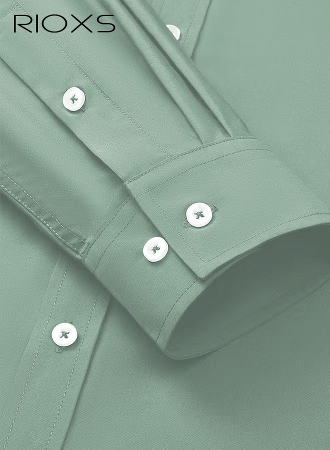 RIOXS Men's Green Stand Collar Dress Shirt, Long Sleeve Wrinkle-Free Polyester Shirt, Business Casual Office Wear, Slim Fit Button Down Shirt with White Buttons, Breathable and Easy Care Formal Wear for Men, All Season Versatile Dress Shirt, Wedding Guest Formal Shirt, Gala Dinner Appropriate Attire - Image 3