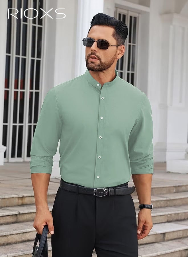 RIOXS Men's Green Stand Collar Dress Shirt, Long Sleeve Wrinkle-Free Polyester Shirt, Business Casual Office Wear, Slim Fit Button Down Shirt with White Buttons, Breathable and Easy Care Formal Wear for Men, All Season Versatile Dress Shirt, Wedding Guest Formal Shirt, Gala Dinner Appropriate Attire - Image 5