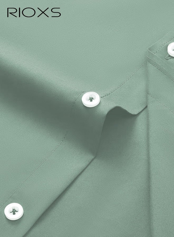 RIOXS Men's Green Stand Collar Dress Shirt, Long Sleeve Wrinkle-Free Polyester Shirt, Business Casual Office Wear, Slim Fit Button Down Shirt with White Buttons, Breathable and Easy Care Formal Wear for Men, All Season Versatile Dress Shirt, Wedding Guest Formal Shirt, Gala Dinner Appropriate Attire - Image 4