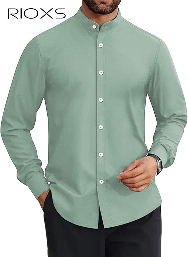 RIOXS Men's Green Stand Collar Dress Shirt, Long Sleeve Wrinkle-Free Polyester Shirt, Business Casual Office Wear, Slim Fit Button Down Shirt with White Buttons, Breathable and Easy Care Formal Wear for Men, All Season Versatile Dress Shirt, Wedding Guest Formal Shirt, Gala Dinner Appropriate Attire - Image 1