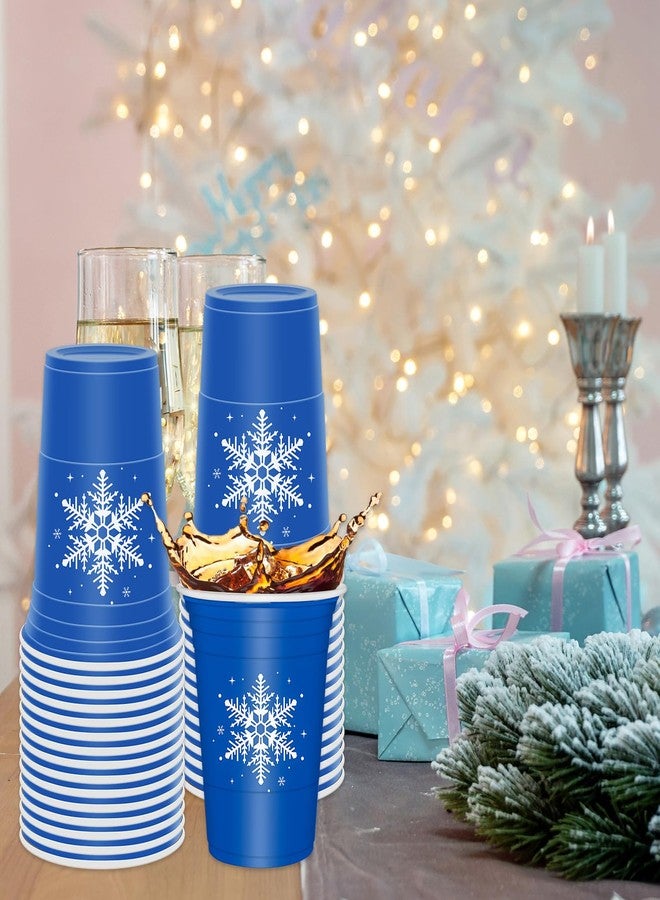 Whaline أكواب بلاستيكية زرقاء من وايلين 50 حزمة على شكل ثلج شتوي، أكواب بلاستيكية شفافة لعيد الميلاد، أكواب حفلات يمكن التخلص منها للمشروبات الساخنة والباردة، 16 أونصة - Image 4