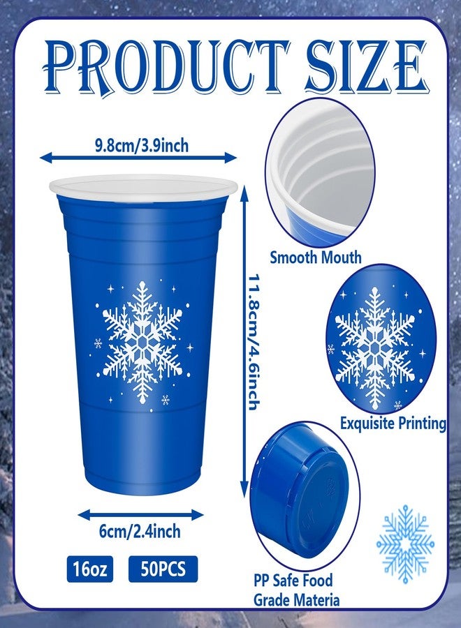 Whaline أكواب بلاستيكية زرقاء من وايلين 50 حزمة على شكل ثلج شتوي، أكواب بلاستيكية شفافة لعيد الميلاد، أكواب حفلات يمكن التخلص منها للمشروبات الساخنة والباردة، 16 أونصة - Image 2
