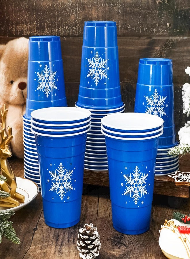 Whaline أكواب بلاستيكية زرقاء من وايلين 50 حزمة على شكل ثلج شتوي، أكواب بلاستيكية شفافة لعيد الميلاد، أكواب حفلات يمكن التخلص منها للمشروبات الساخنة والباردة، 16 أونصة - Image 3