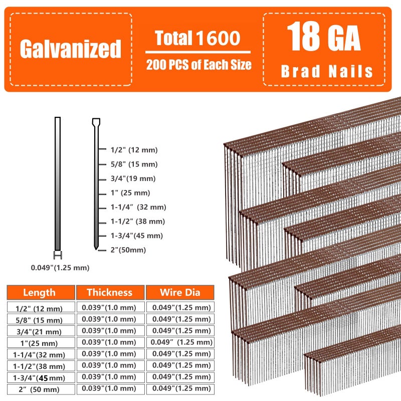 SITLDY 18 Gauge Galvanized Brad Nails Brown T-head 8 Sizes 1600-Pack (1/2"+5/8"+3/4"+1"+1-1/4"+1-1/2"+1-3/4"+2"), 200 per size Assorted Size Project Pack, for Pneumatic, Electric 18GA Brad Nailer Gun - Image 2