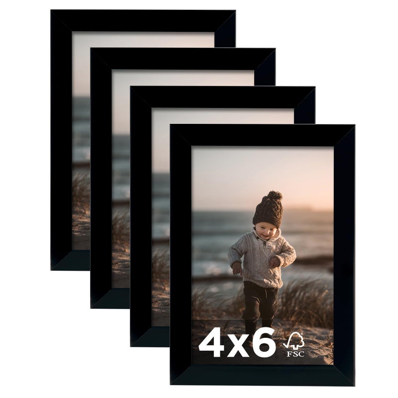 KINLINK 4x6 Picture Frame Black Set of 4 Wooden Photo Frames with Plexiglass for 4x6 without Mat for Table and Wall Display