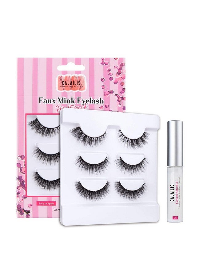 Calailis False Eyelash, Eye Makeup Lash 3D Faux Mink Fake Eyelash Long Natural Eyelashes 3 Pairs With 5G False Eyelash Glue (Cs14) - Image 1