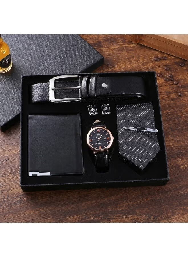 OLUDENIZ 🕴️ Elegant 7-in-1 Piece Men’s Business Gift Set – Black Leather Watch, Belt, Wallet, Tie, Cufflinks & Tie Clip - Image 1