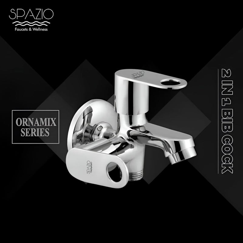 Spazio ORNAMIX Series Brass 2 Way Bib Cock 2 in 1 Tap Pack of 1 for Bathroom Kitchen Chrome Finish Silver Plated Twin Elbow Valve Faucet Wall Mount Installation Type - Image 4