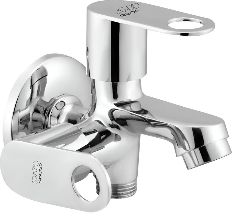 Spazio ORNAMIX Series Brass 2 Way Bib Cock 2 in 1 Tap Pack of 1 for Bathroom Kitchen Chrome Finish Silver Plated Twin Elbow Valve Faucet Wall Mount Installation Type - Image 1