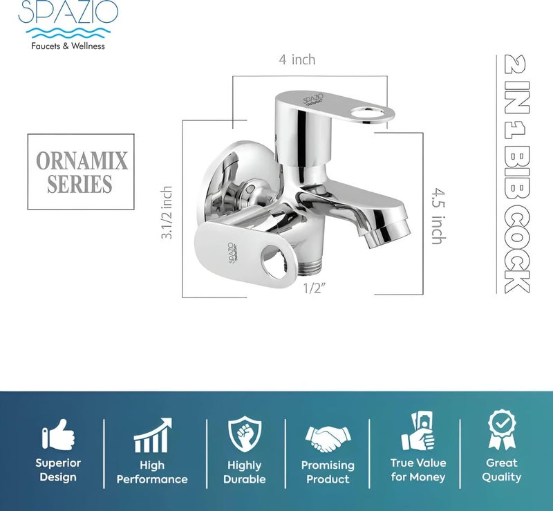 Spazio ORNAMIX Series Brass 2 Way Bib Cock 2 in 1 Tap Pack of 1 for Bathroom Kitchen Chrome Finish Silver Plated Twin Elbow Valve Faucet Wall Mount Installation Type - Image 2