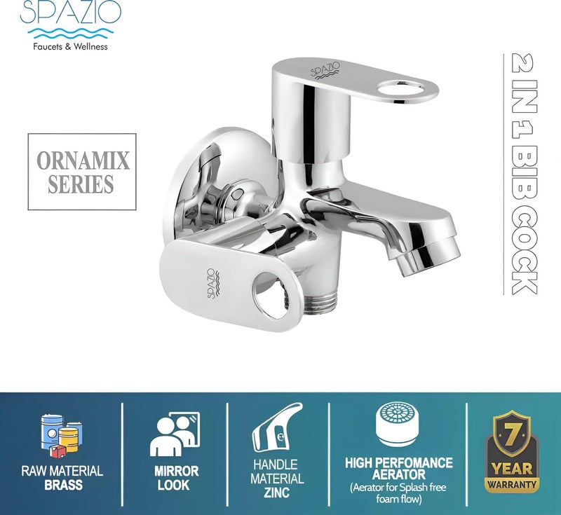 Spazio ORNAMIX Series Brass 2 Way Bib Cock 2 in 1 Tap Pack of 1 for Bathroom Kitchen Chrome Finish Silver Plated Twin Elbow Valve Faucet Wall Mount Installation Type - Image 3