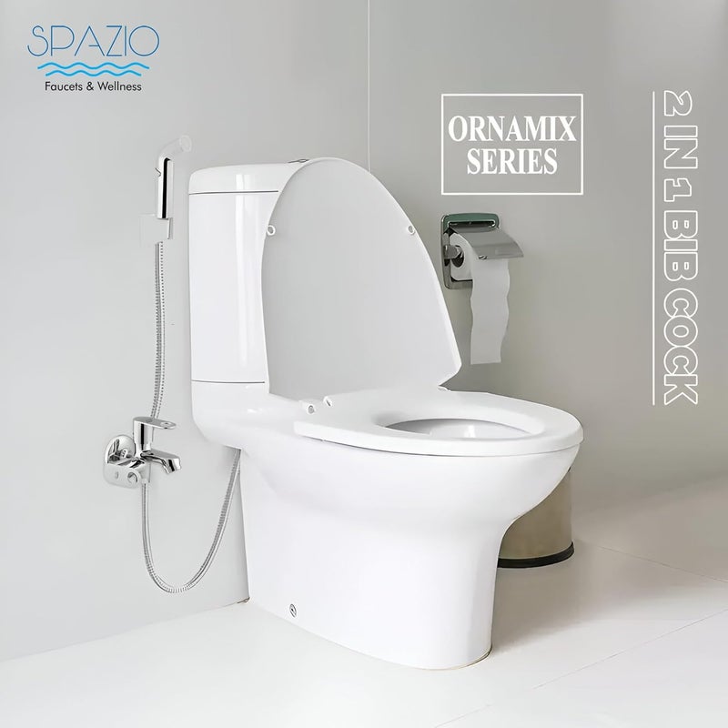 Spazio ORNAMIX Series Brass 2 Way Bib Cock 2 in 1 Tap Pack of 1 for Bathroom Kitchen Chrome Finish Silver Plated Twin Elbow Valve Faucet Wall Mount Installation Type - Image 5