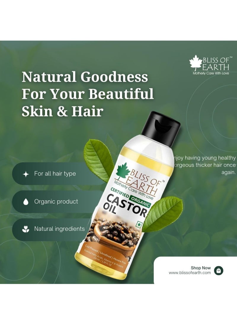 BLISS OF EARTH 100ML Certified Organic Castor Oil for Hair Growth Eye Lashes Smooth Skin  - Image 3