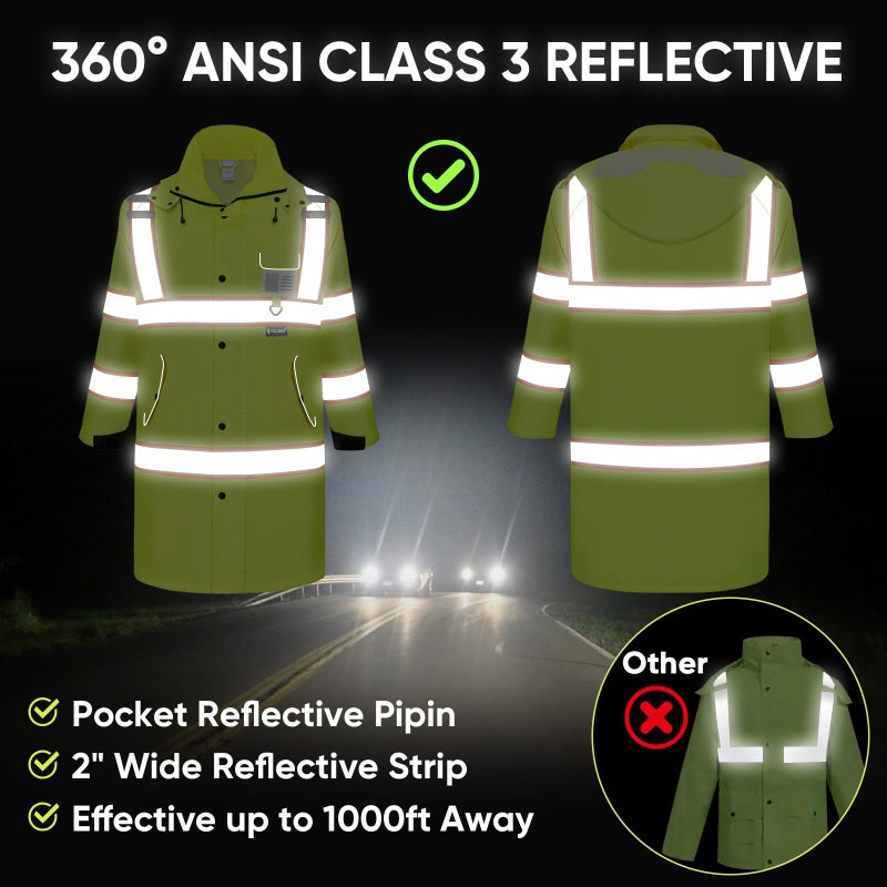 TICONN Reflective Rain Coat, Waterproof Hi Vis Safety Rain Jacket, Heavy Duty ANSI Class 3 High Visibility Trench Coat (XL) - Image 3