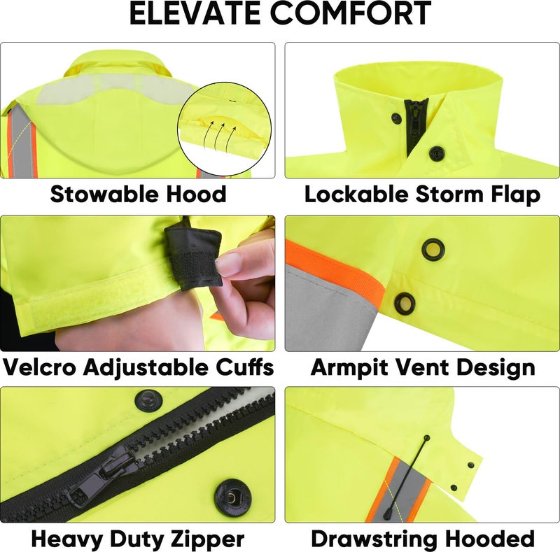 TICONN Reflective Rain Coat, Waterproof Hi Vis Safety Rain Jacket, Heavy Duty ANSI Class 3 High Visibility Trench Coat (XL) - Image 4