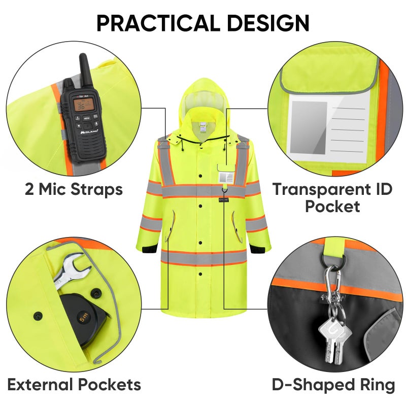 TICONN Reflective Rain Coat, Waterproof Hi Vis Safety Rain Jacket, Heavy Duty ANSI Class 3 High Visibility Trench Coat (XL) - Image 5