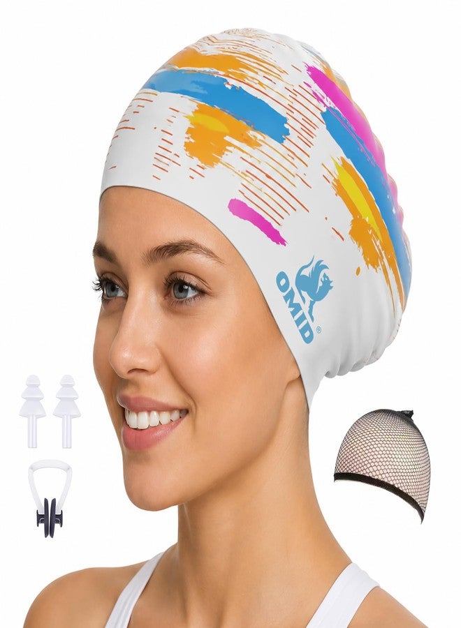 OMID Women Swim Cap for Long Hair & Thick Hair - Extra Large Silicone Swimming Cap, Waterproof Pool and Beach Gear for Adults with Braids, Dreads, Ponytail (Multi-Color Streak) - Image 1